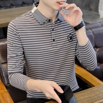 men's striped polo shirt long sleeve korean style trendy spring autumn men's pure cotton slim folding collar fashion t-shirt bottoming shirt