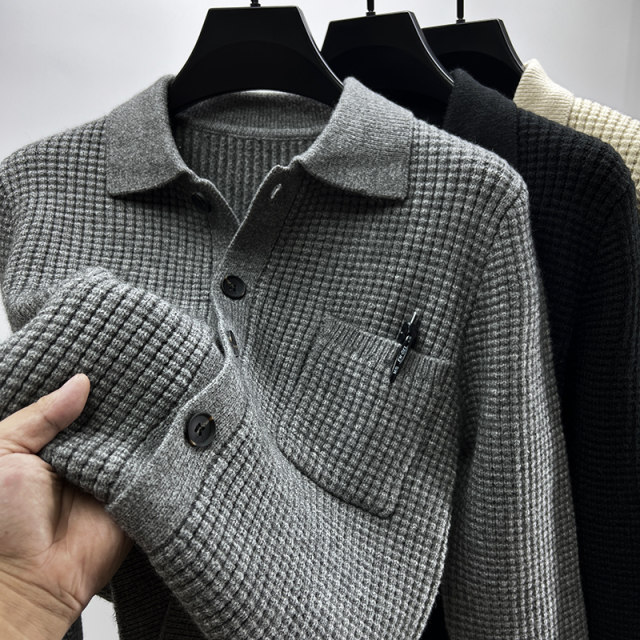 Waffle knit cardigan ຜູ້ຊາຍ lapel ພາກຮຽນ spring ແລະດູໃບໄມ້ລົ່ນ trendy sweater jacket ຜູ້ຊາຍກະເປົ໋າ sweater ບາດເຈັບແລະນຸ່ງນອກ