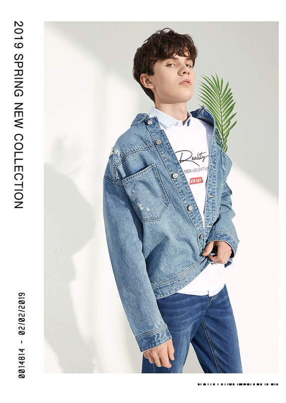 A21 xuân 2019 quần áo nam mới lỗ denim áo khoác lỏng ve áo dài tay áo rock triều nam - Áo khoác