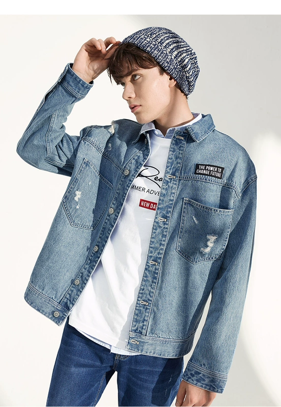 A21 xuân 2019 quần áo nam mới lỗ denim áo khoác lỏng ve áo dài tay áo rock triều nam - Áo khoác