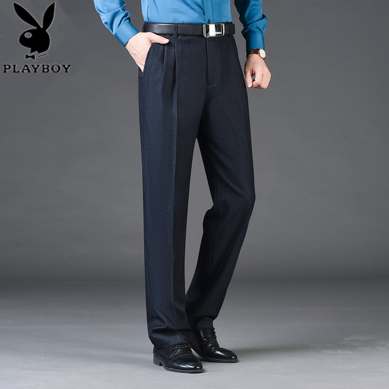 Flowers Playboy fall new loose Double plexant Western pants Men's middle-aged Gats up for long pants High waist Deep crotch Western suit pants-Taobao