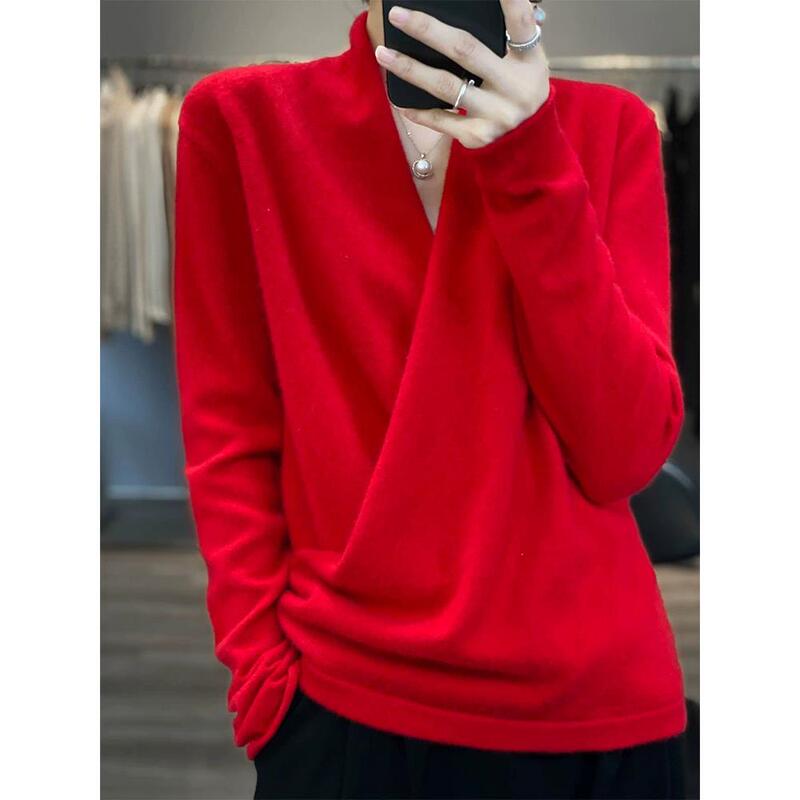 V-Neck Cross-Over Wool Sweater for Women, Kimono-Style Red Sweater, New Pure Wool Base Knit Top