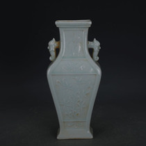 Song Dynasty Hutian kiln green glaze carved double ear square flat bottle old imitation unearthed ancient porcelain antique collection