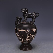 Song Dynasty Cizhou kiln black ground engraved lotus pattern dog head pot imitating unearthed ancient porcelain handmade antique collection ornaments