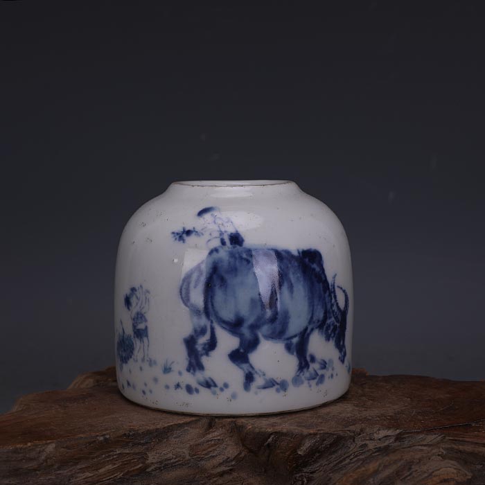Jiangxi Porcelain Company of the Republic of China Blue and White Shepherd Boy Riding a Cow Figure Water Bowl Jingdezhen Old Antique Porcelain Antique Collection