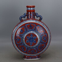 Daqing Qianlong plus color Red Land blue and white Eight Treasure pattern double ear flat bottle imitation official kiln ancient porcelain antique collection