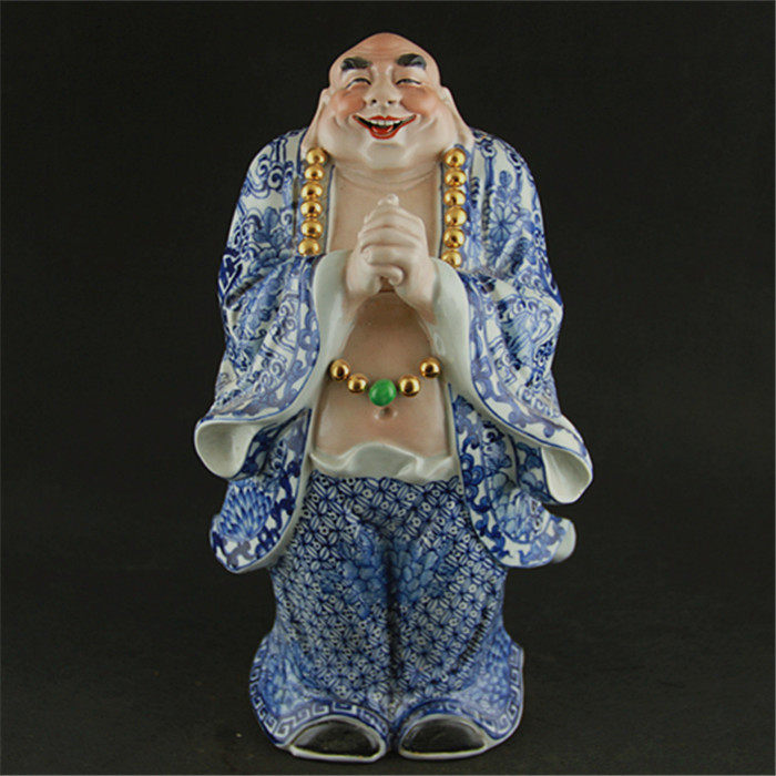 Jingdezhen Sculpture Porcelain fully hand made Qingflower congratulations Rohan Buddha statue (peak master's work) Happy Buddha statue-Taobao