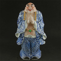  Jingdezhen sculpture porcelain handmade blue and white congratulations Arhat Buddha statue(peak master works)happy Buddha statue