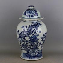 Qing Kangxi hand-painted blue and white dragon wearing peony pattern generals can do old antique porcelain antique collection ornaments