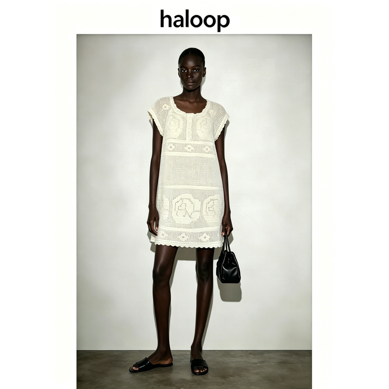 Haloop 100% Cotton Comfortable and Breathable 2026 Summer Vacation Style Square Neck Knitted Hollow Dress for Women Versatile