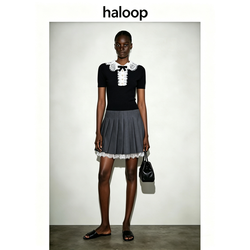 Haloop Preppy Style Doll Collar Lace Knit Top Women's Short-Sleeved Slim-Fit Black Top High-End Versatile T-Shirt