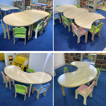 Kindergarten special childrens tables and chairs oak multi-layer board complete set of study desks and chairs rice dot decorative panel shape table