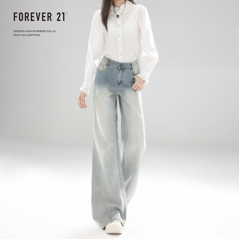 Forever 21 Spring Hot-Selling Light Blue Loose Flared Jeans for Women, High-Waisted, Non-Tight, Drapey Bootcut Pants