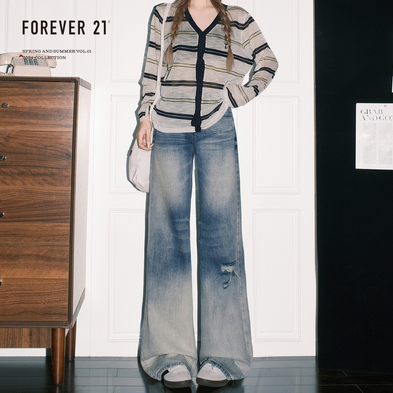 Forever 21 Retro Light Blue Narrow Straight-Leg Jeans for Women with a Unique Design, Ripped, Loose, Low-Waisted, Wide-Leg Pants