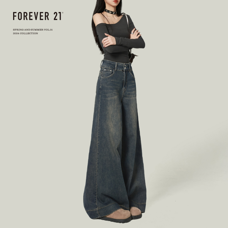 Forever21 Retro Vintage Blue Wide-Leg Jeans for Women, Spring High-Waisted Loose Slimming Drapey Pants