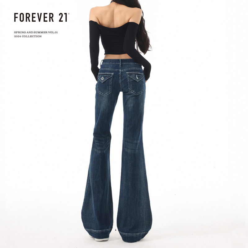 Forever 21 Retro Dark Blue Low-Waisted Flared Jeans for Women, American Style Slim Fit, Pear-Shaped Bootcut Pants