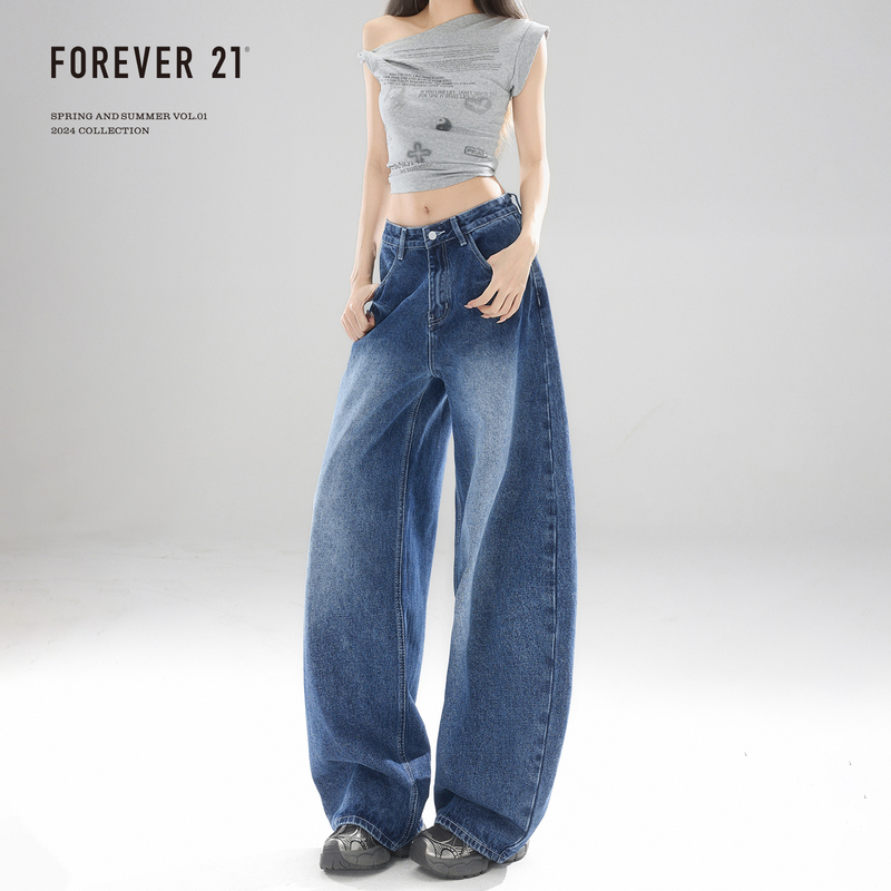 Forever 21 Popular Dark Blue High-Waisted Wide-Leg Jeans for Women 2026 New Loose Slimming Drapey Scimitar Pants