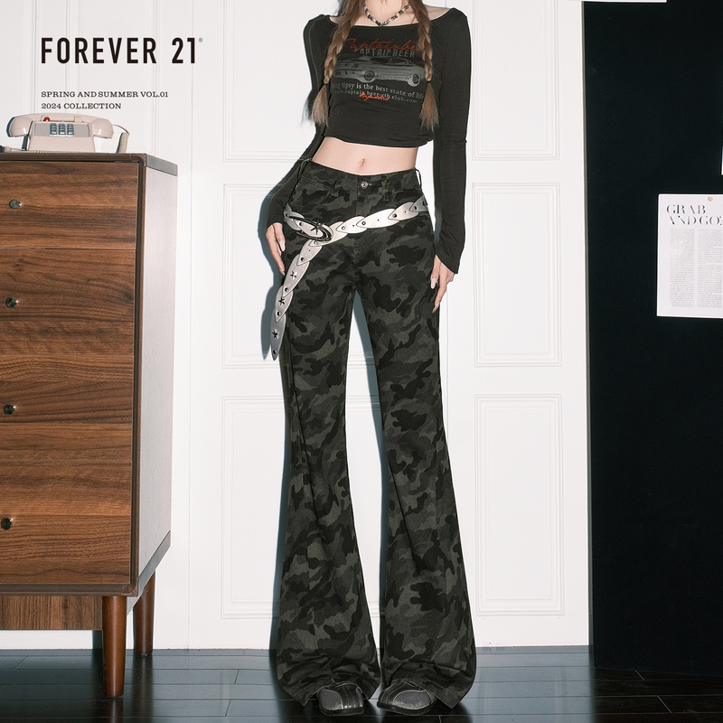 Forever 21 American Retro Camouflage Slim Fit Bootcut Jeans for Women, Designer Low-Rise Narrow Fit Horse Hoof Pants
