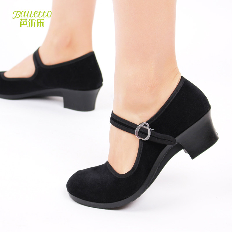 Ethnic Dance Shoes Female Outwear Folk High Heel Rubber State Rice Seedling Song Shoes Northeast Tibetan Test Exam Black Cloth Shoes Adults