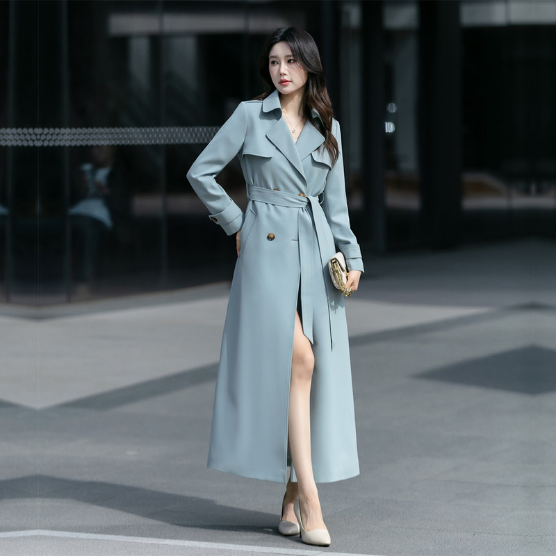 Long Trench Coat with Suit Collar, European and American British Style, Spring and Autumn 2026 New Model, Elegant Blue Coat, Over-The-Knee Extra-Long