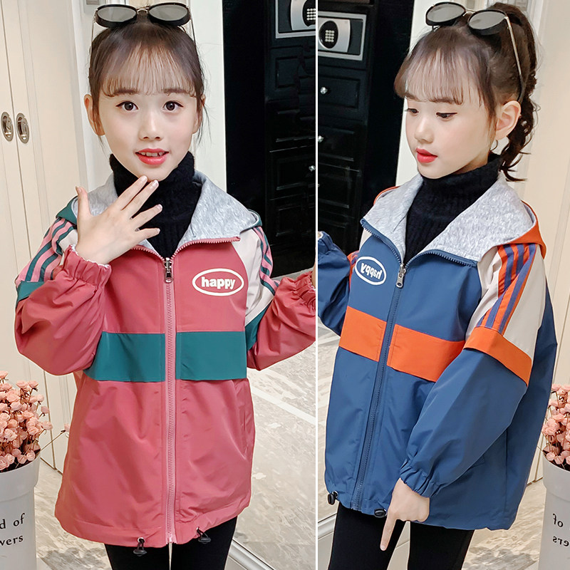 Girl's jacket 2022 new spring clothing Lianhood cardio-hoodie CUHK Scout Two sides wearing the wind and casual lat-shirt tide