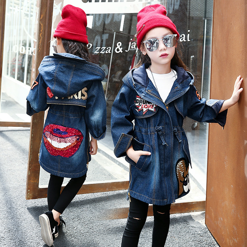 Girls denim coat 2021 new spring and autumn thickened medium-long cardigan coat medium-large children's long version of denim trench coat