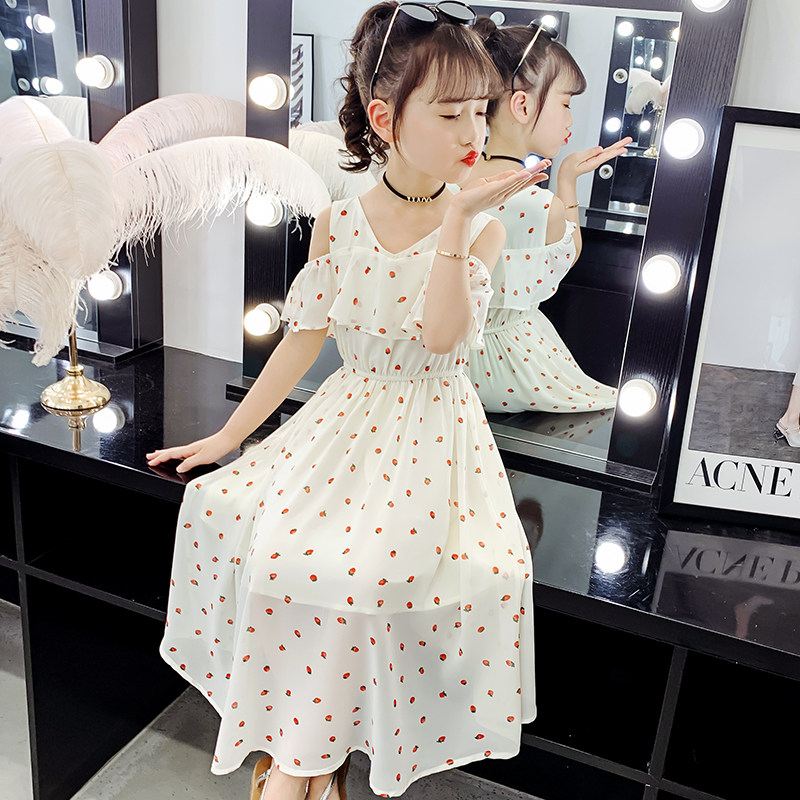 Girl's dress 2021 new summer chiffon off-the-shoulder skirt Western style long skirt for girls and children