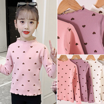 Girls plus velvet base shirt 2021 new spring Western style childrens middle and large childrens tops fashionable fashion thickened T-shirt