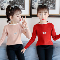 Girls sweater 2021 new spring and autumn childrens base shirt middle and large childrens cotton sweater butterfly ear edge sweater