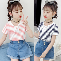 Girls short-sleeved T-shirt 2021 new summer clothes childrens middle and large children loose cotton top girls school style school uniform t tide