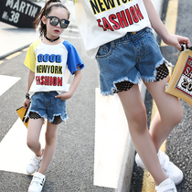 Girls suit 2021 new summer short-sleeved t-shirt denim shorts Childrens middle and large childrens sports hot pants two-piece set
