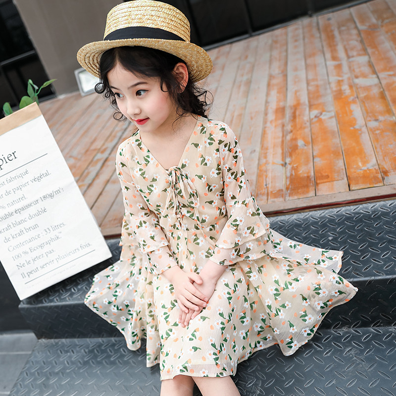 Girls dress 2021 new autumn children's children's floral long-sleeved Chiffon princess lady dress