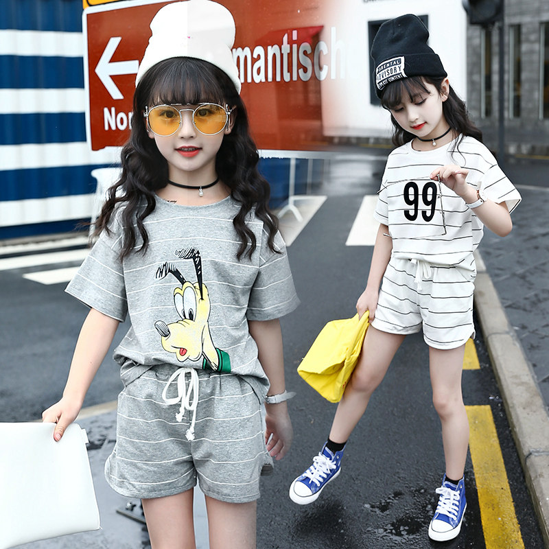Girls Short Sleeve Summer Kids 2022 new Summer Children in Big Child Pure Cotton Shorts Short - Piece Casual Casual Casual Casual Two Pieces