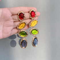 European and American fashion exaggerated Baroque color crystal big earrings retro personality tide Net red long face thin earrings
