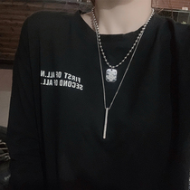 Personality long square card double stack necklace ins Net Red hip hop Tide people round bead chain decoration men and women