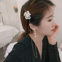 South Korea Dongdaemun designer hairpin earrings one-piece drop earrings Womens long elegant pearl flower ear jewelry