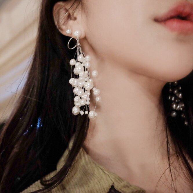 Fairy Pearl Streaming Su Earrings Size String Beads Full of Star Long version earrings Exaggerated Without Ear Clip 100 Hitch Pendant