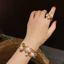 ins Net red tide niche design sense exaggerated multi-layer metal Pearl opening ring bracelet retro temperament set