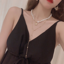Retro imitation pearl multi-layer stack wearing necklace Y chain lock pendant Net red neck chain choker sexy tide girl