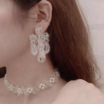 French advanced sense Net red transparent crystal beaded earrings Korean temperament long tassel face thin earrings earrings