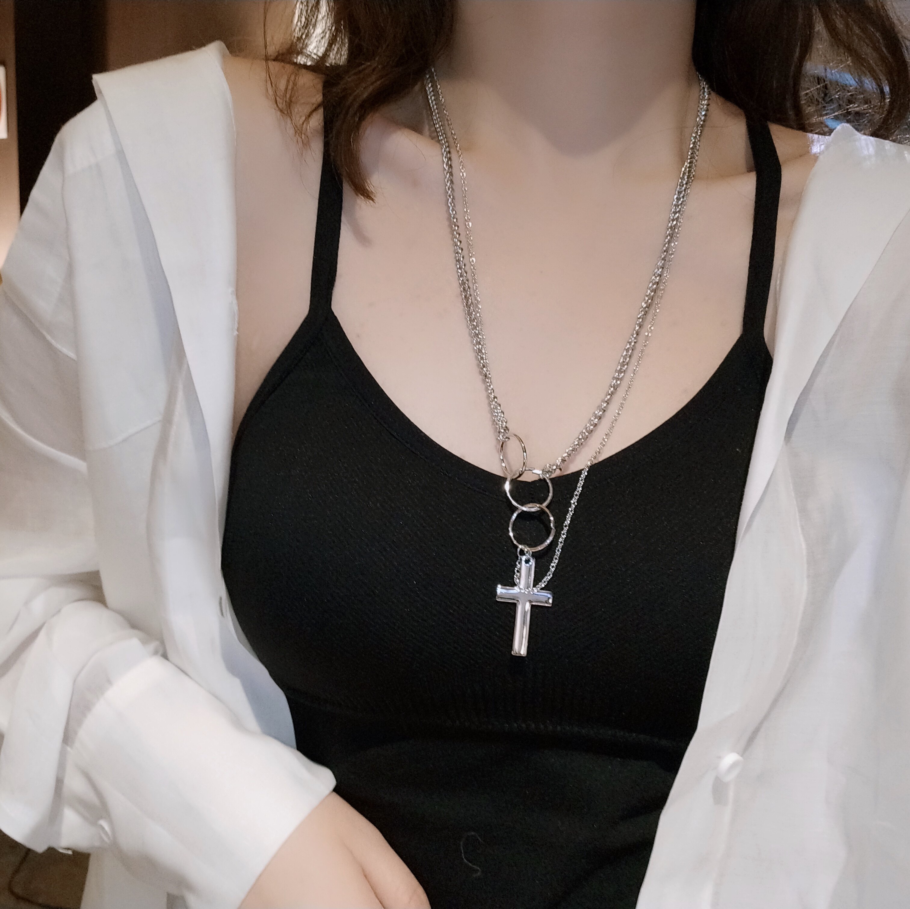 Niche ins cold wind simple personality double-layer cross necklace pendant fashion hipster chain neck jewelry