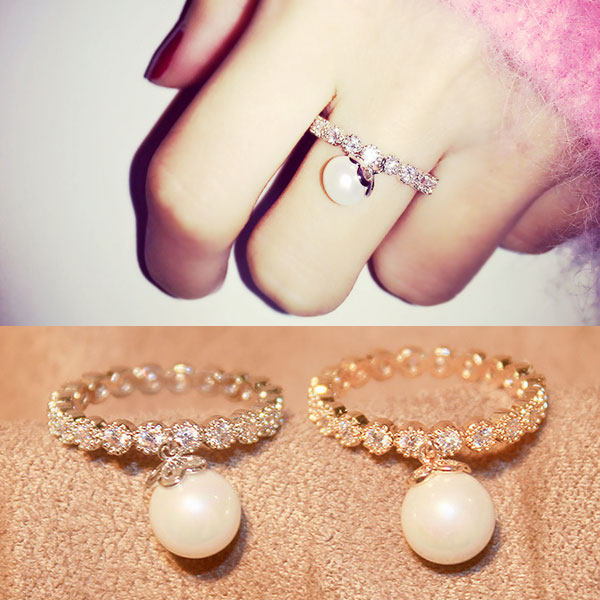 New Bay Bead Ring Personality Zircon Pearl Pendant Ring Full Drill Ring Fashion 100 Hitch Decoration Accessories Woman