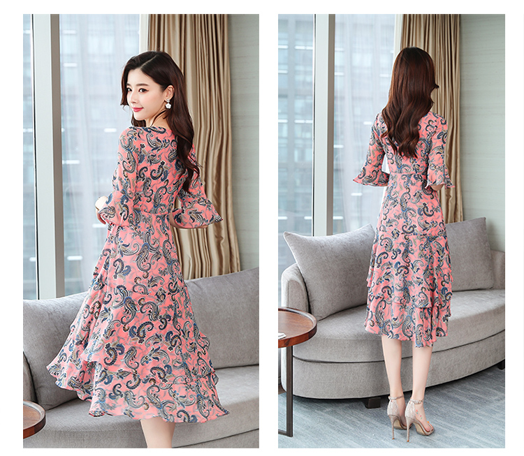 VK旗艦店 韓系雪紡印花V領不規則顯瘦復古短袖洋裝