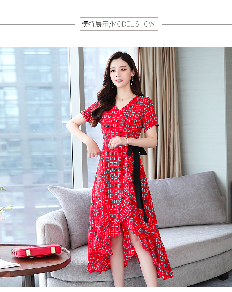 VK旗艦店 韓系時尚V領修身顯瘦收腰雪紡長版短袖洋裝