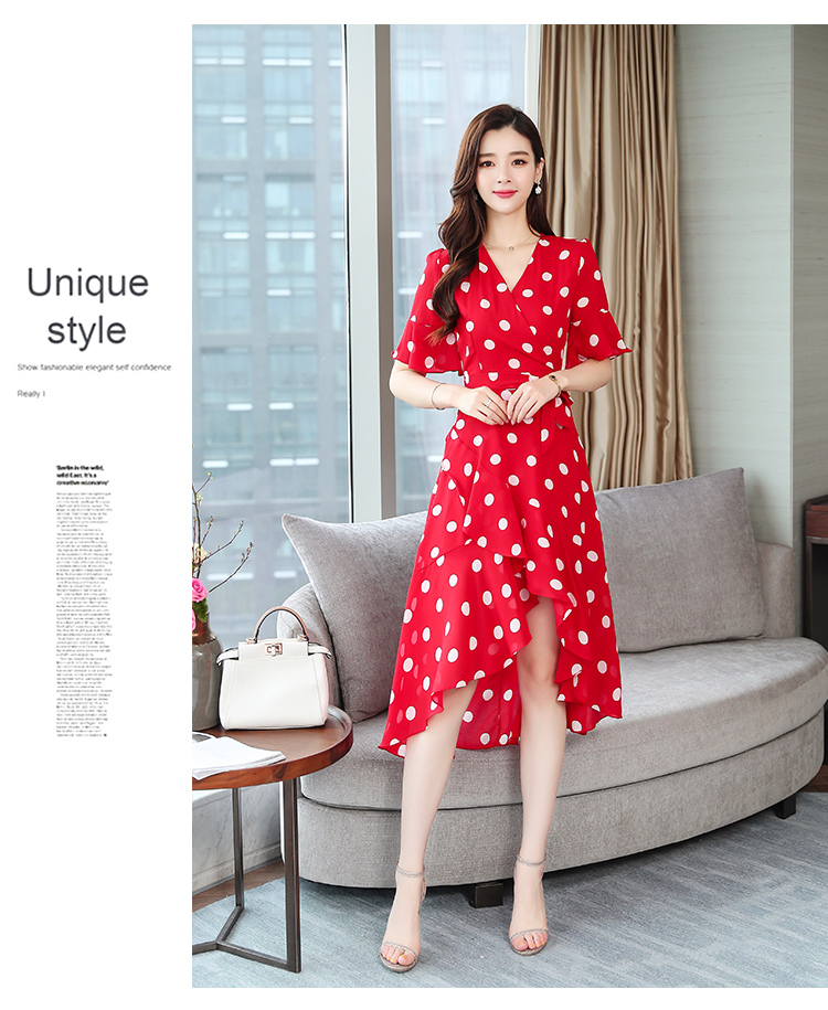 VK旗艦店 韓系復古氣質顯瘦不規則波點短袖洋裝