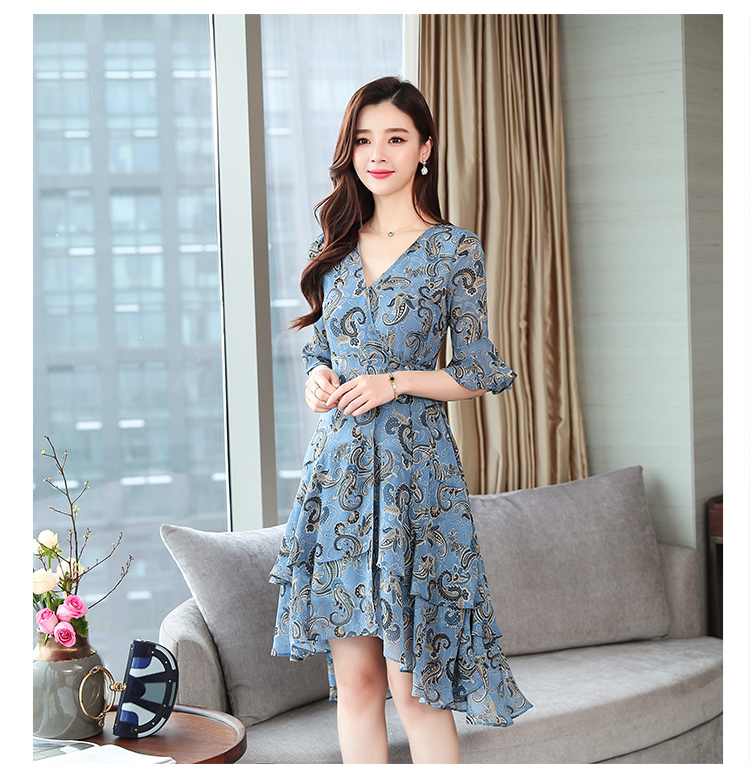 VK旗艦店 韓系雪紡印花V領不規則顯瘦復古短袖洋裝