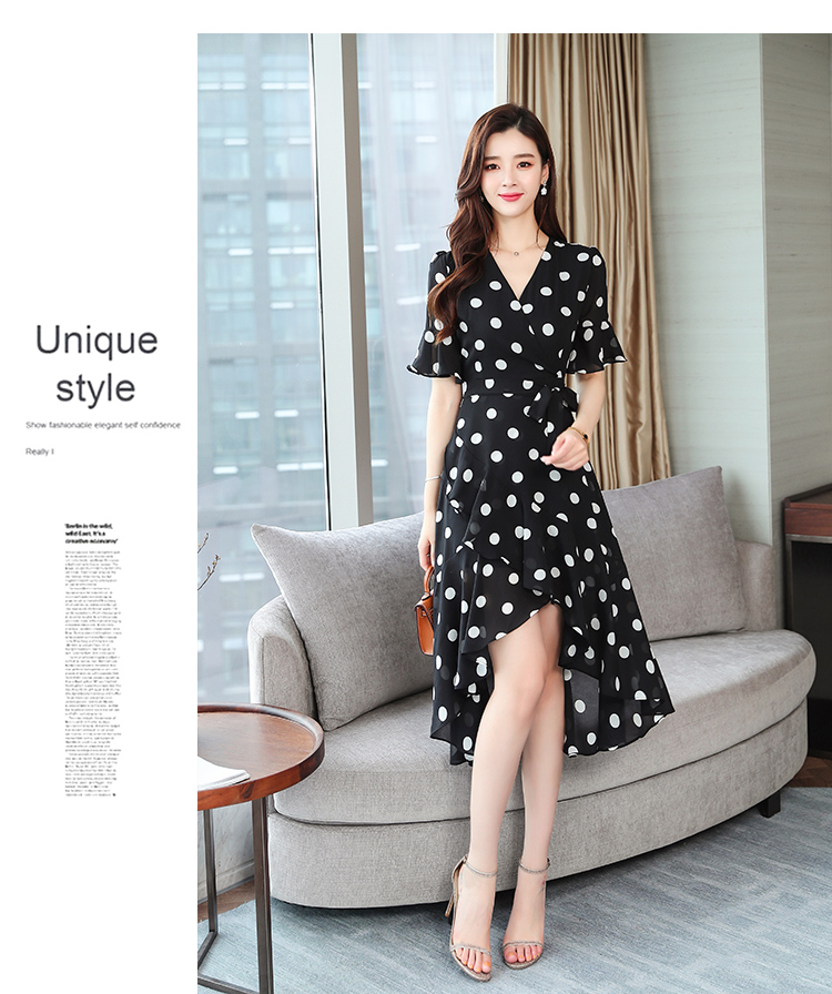VK旗艦店 韓系復古氣質顯瘦不規則波點短袖洋裝