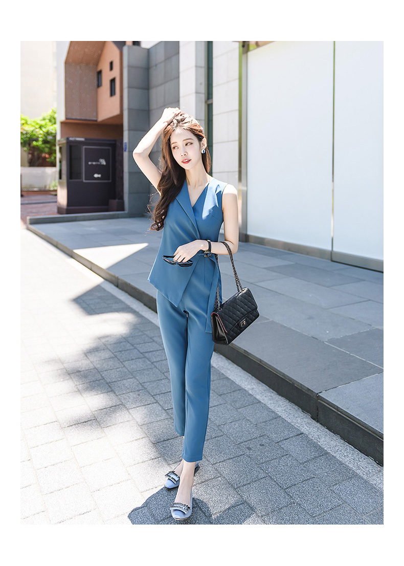 VK旗艦店 韓國風V領無袖連身褲修身鉛筆褲OL職業套裝無袖褲裝