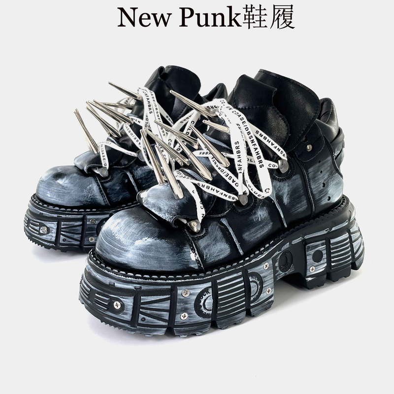 Spanish Trendy Brand Metal Spiked Tank Platform High-Top Shoes for Men, Cyberpunk Style, Distressed Rock Biker Leather Shoes Spanish Trendy Brand Metal Spiked Tank Platform High-Top Shoes for Men, Cyberpunk Style, Distressed Rock Biker Leather Shoes
