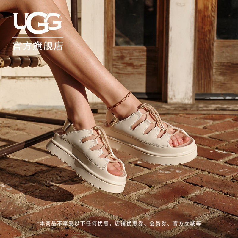 Ugg New Summer Style Women's Comfortable and Fashionable Open-Toe Solid Color Gold Roman Strap Casual Sandals 1179370
